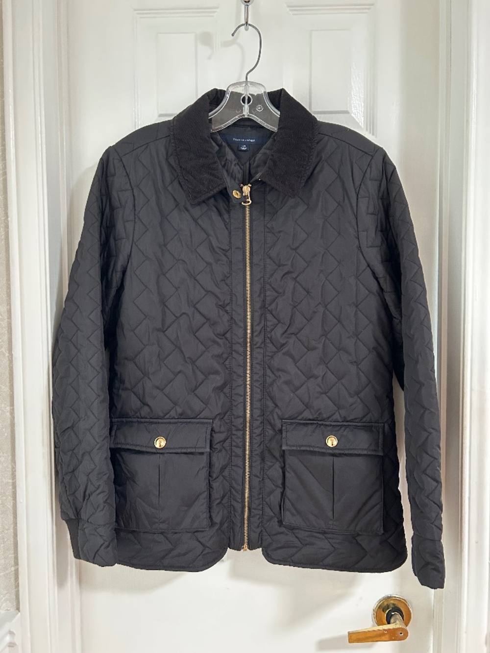 Tommy Hilfiger Black Quilted Jacket with Corduroy Collar - Size Large